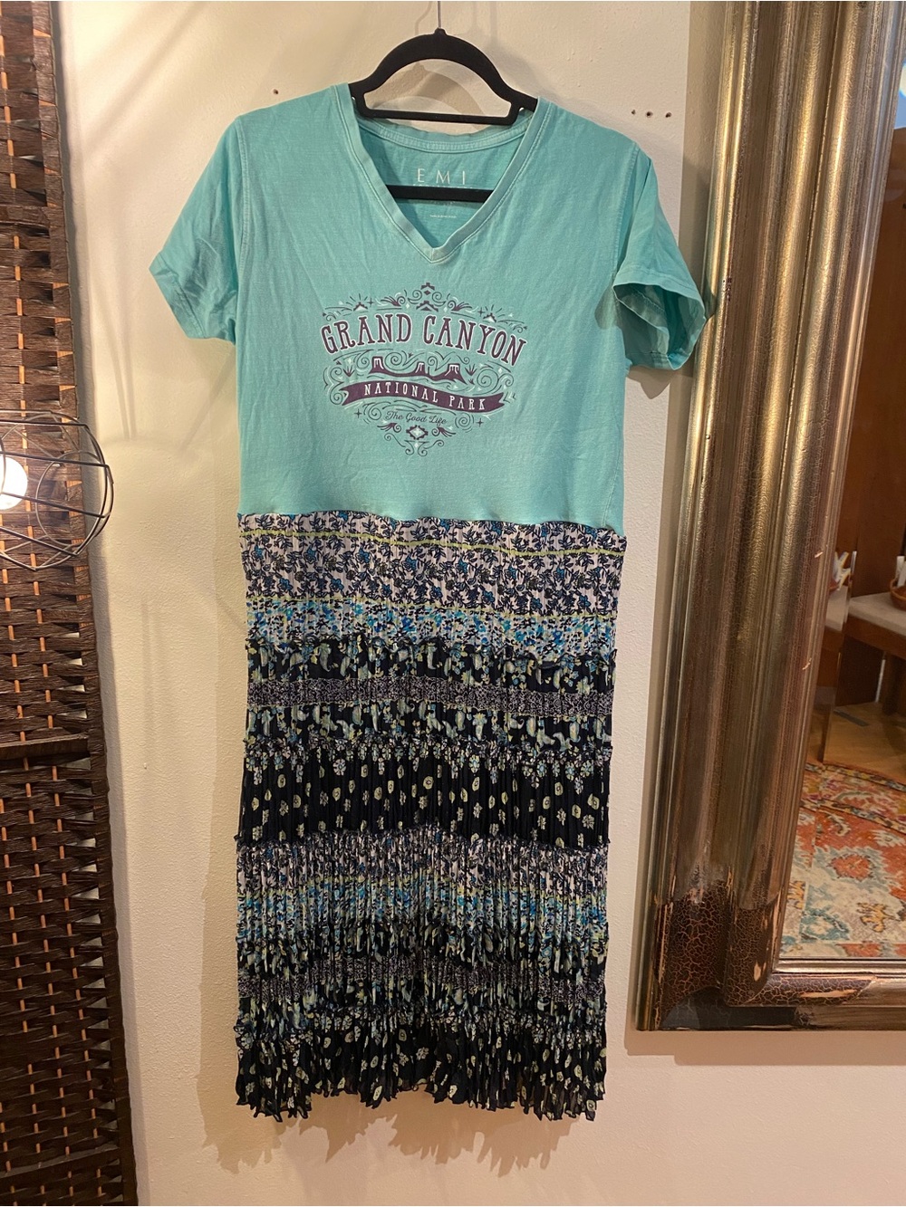 OOAK Upcycled Grand Canyon Mint Green V-Neck Maxi crinkle skirt Dress